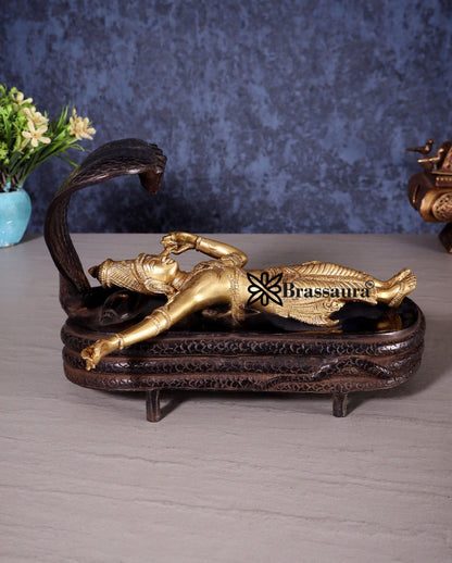 Brassaura™ Handcrafted Pure Brass Vishnu in Yog Nidra on Ananta Shesha Statue | 6 Inch Height | 3.2 KG Weight | Antique Brass Polish Finish