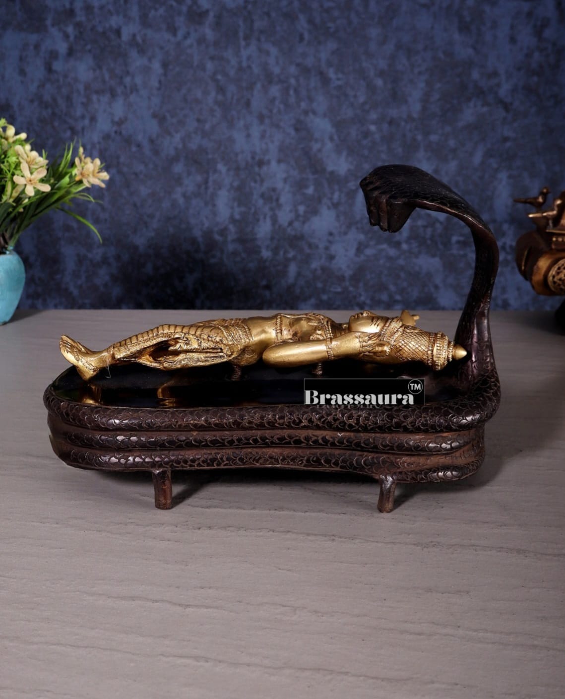 Brassaura™ Handcrafted Pure Brass Vishnu in Yog Nidra on Ananta Shesha Statue | 6 Inch Height | 3.2 KG Weight | Antique Brass Polish Finish