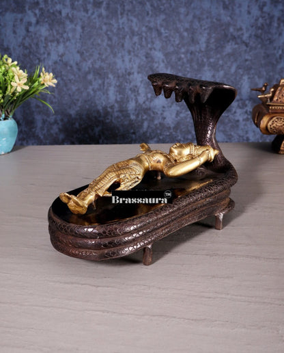 Brassaura™ Handcrafted Pure Brass Vishnu in Yog Nidra on Ananta Shesha Statue | 6 Inch Height | 3.2 KG Weight | Antique Brass Polish Finish