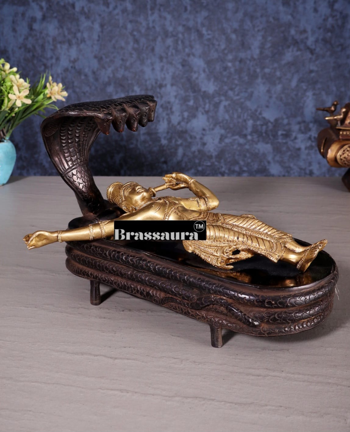 Brassaura™ Handcrafted Pure Brass Vishnu in Yog Nidra on Ananta Shesha Statue | 6 Inch Height | 3.2 KG Weight | Antique Brass Polish Finish