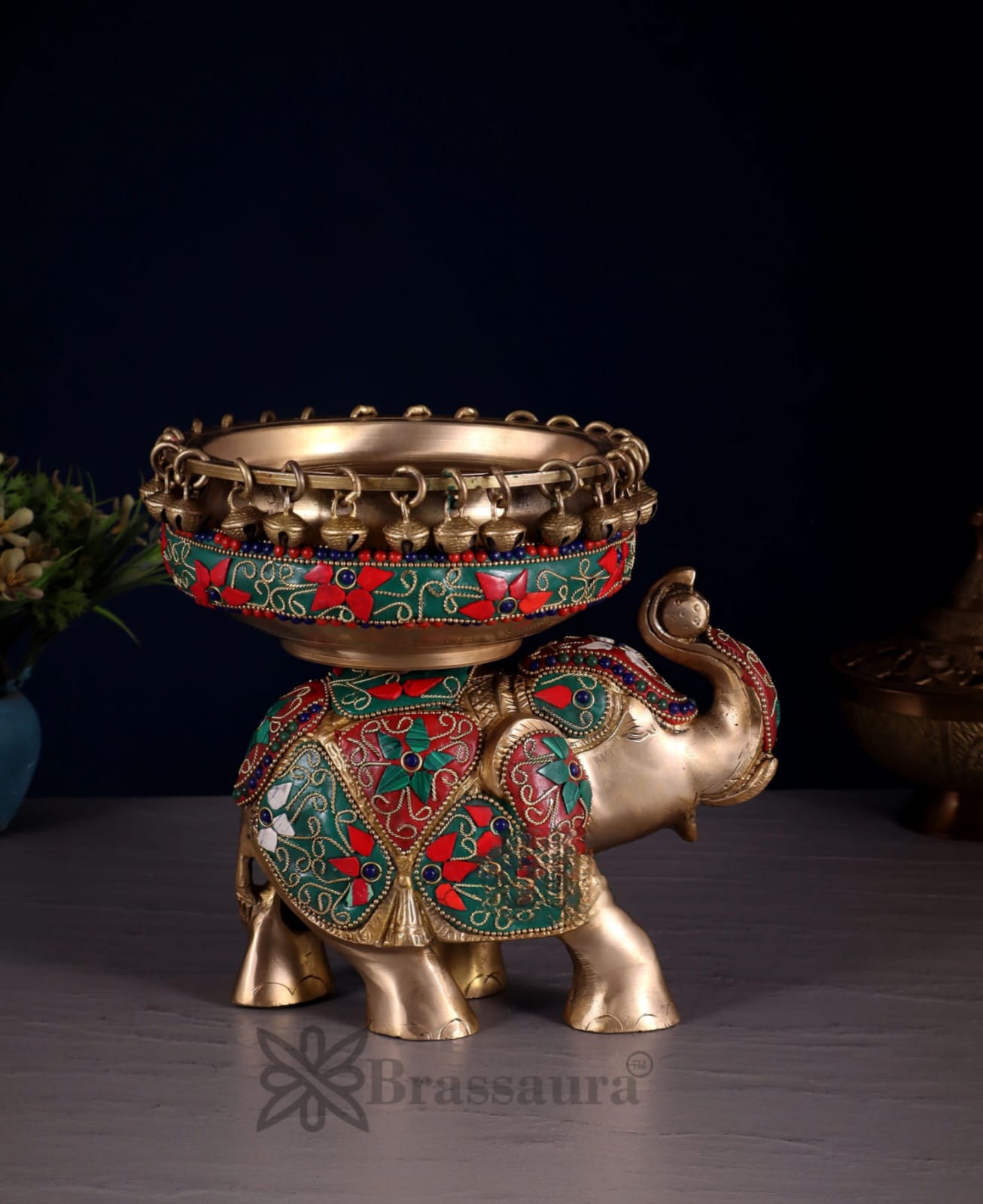 Brassaura™ Decorative Brass Elephant Urli Bowl – 3 Kg, 7.5 Inch Height – Floating Diya Bowl for Living Room & Entrance Decor