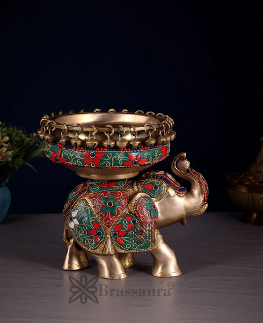 Brassaura® Decorative Brass Elephant Urli Bowl – 3 Kg, 7.5 Inch Height – Floating Diya Bowl for Living Room & Entrance Decor