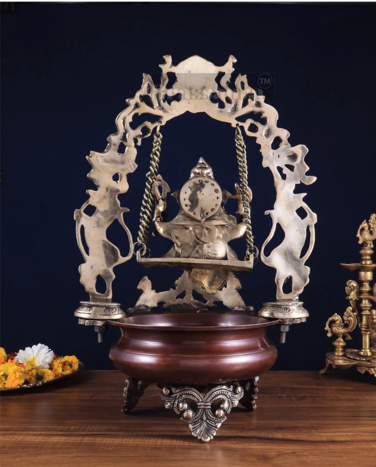 Brassaura™ Lord Ganesha on Swing Brass Urli – 9 kgs, 20 Inches Height – Auspicious Home Decor & Gifting Piece