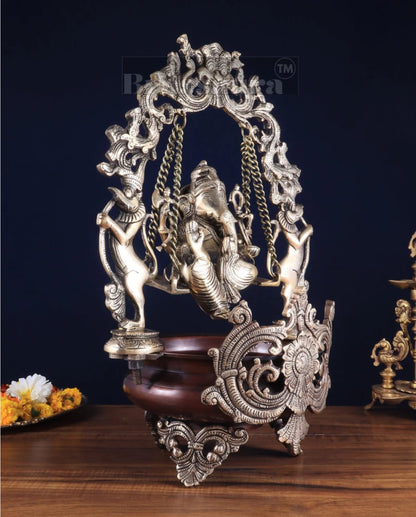 Brassaura™ Lord Ganesha on Swing Brass Urli – 9 kgs, 20 Inches Height – Auspicious Home Decor & Gifting Piece