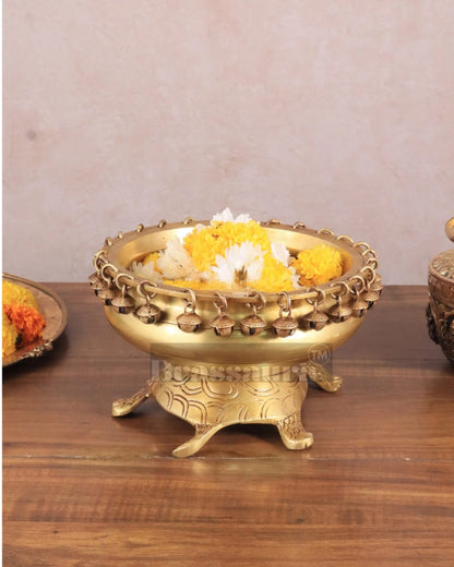 Brassaura™ Small Brass Urli Bowl on Tortoise Base – 2.5 kgs, 5 Inches Height – Vastu & Feng Shui Decor in Matte Gold Finish