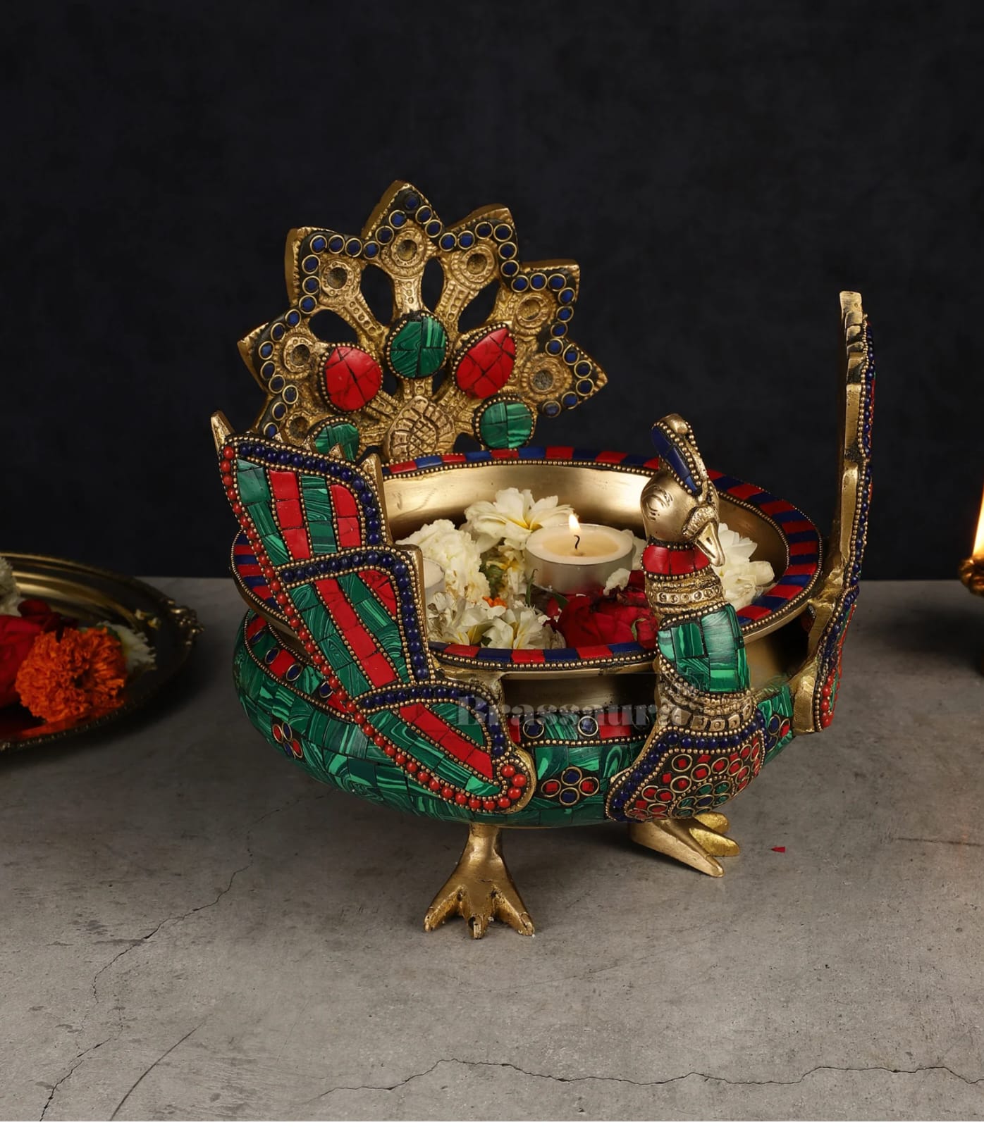 Brassaura™ Brass Peacock Shaped Urli Bowl with Stand – 2 kgs, 9 Inches Height – Elegant Handcrafted Home Decor