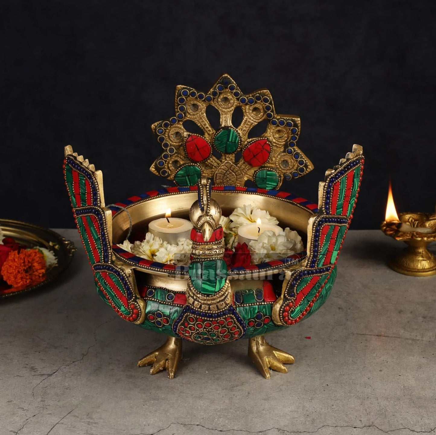Brassaura™ Brass Peacock Shaped Urli Bowl with Stand – 2 kgs, 9 Inches Height – Elegant Handcrafted Home Decor