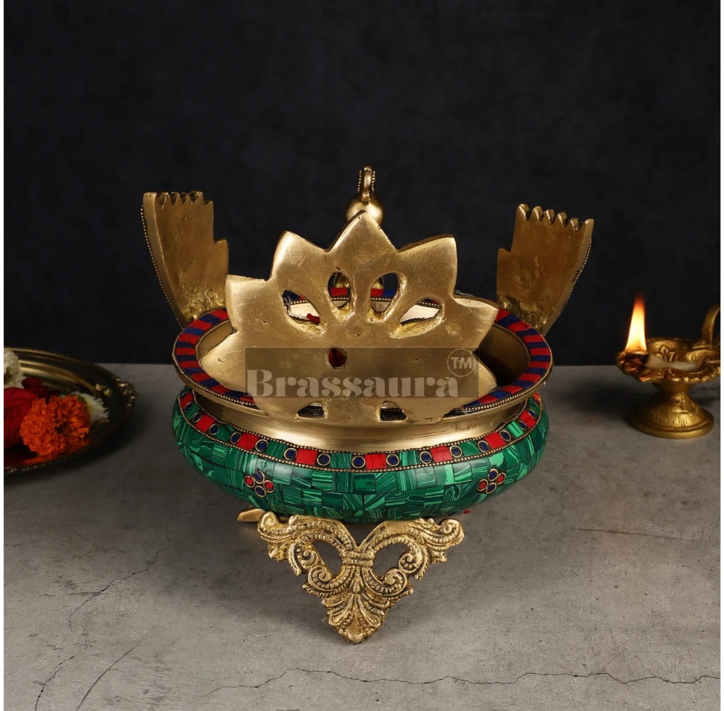 Brassaura™ Brass Peacock Shaped Urli Bowl with Stand – 2 kgs, 9 Inches Height – Elegant Handcrafted Home Decor