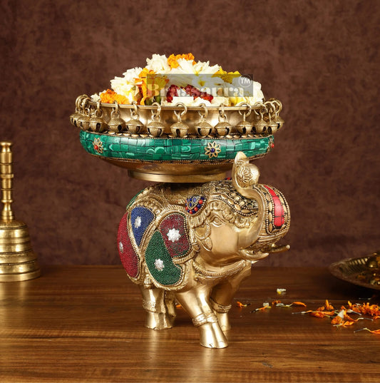 Brassaura™ Pure Brass Elephant Urli with Intricate Meenakari Work – 5.89 kgs, 9.5 Inches Height – Vibrant Traditional Decor