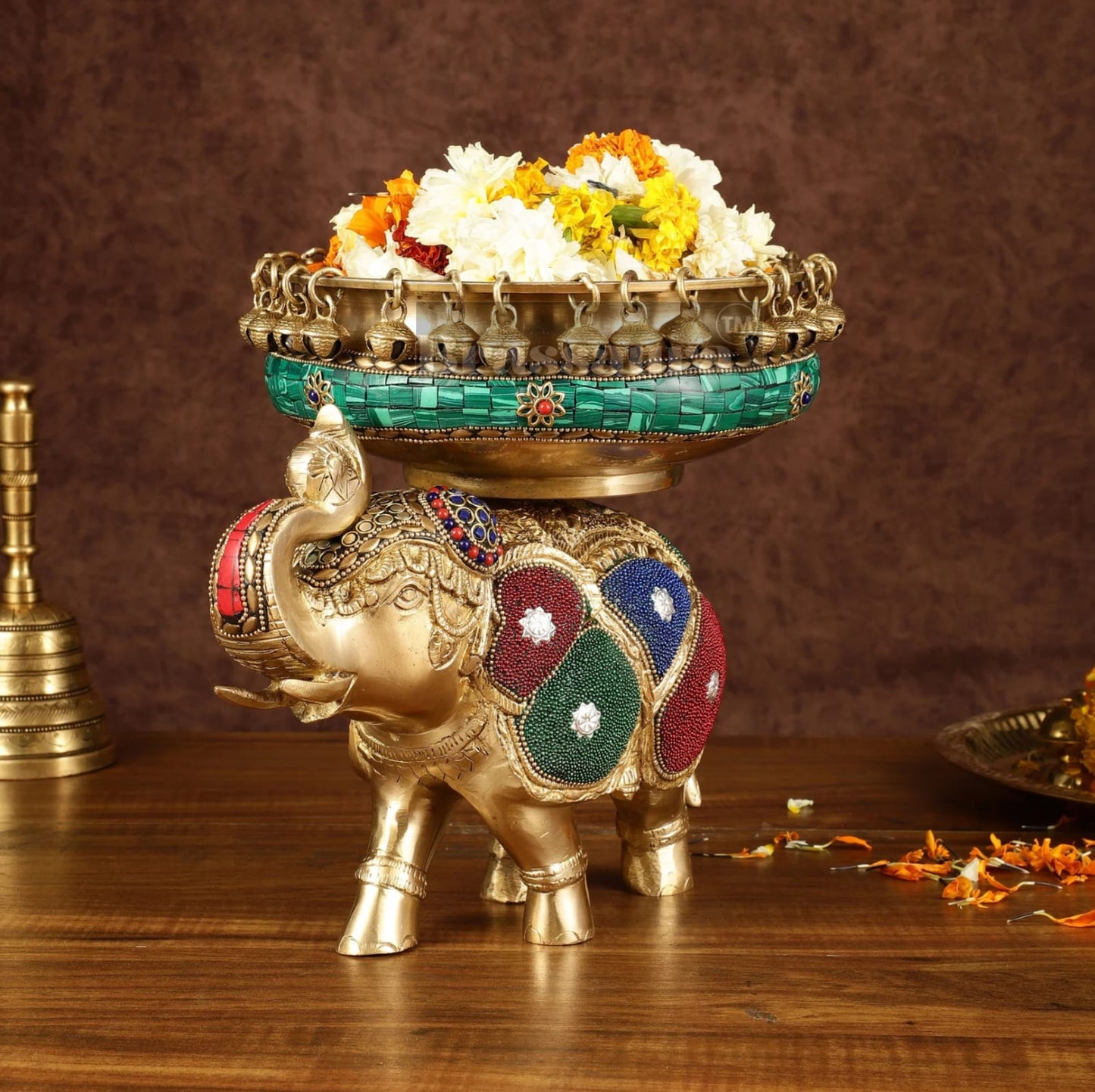 Brassaura™ Pure Brass Elephant Urli with Intricate Meenakari Work – 5.89 kgs, 9.5 Inches Height – Vibrant Traditional Decor