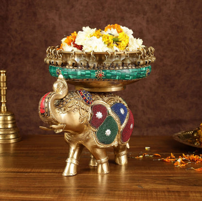 Brassaura™ Pure Brass Elephant Urli with Intricate Meenakari Work – 5.89 kgs, 9.5 Inches Height – Vibrant Traditional Decor