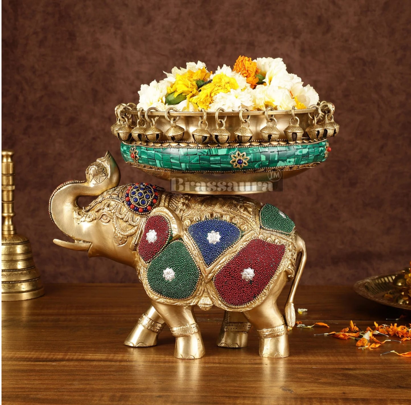 Brassaura™ Pure Brass Elephant Urli with Intricate Meenakari Work – 5.89 kgs, 9.5 Inches Height – Vibrant Traditional Decor