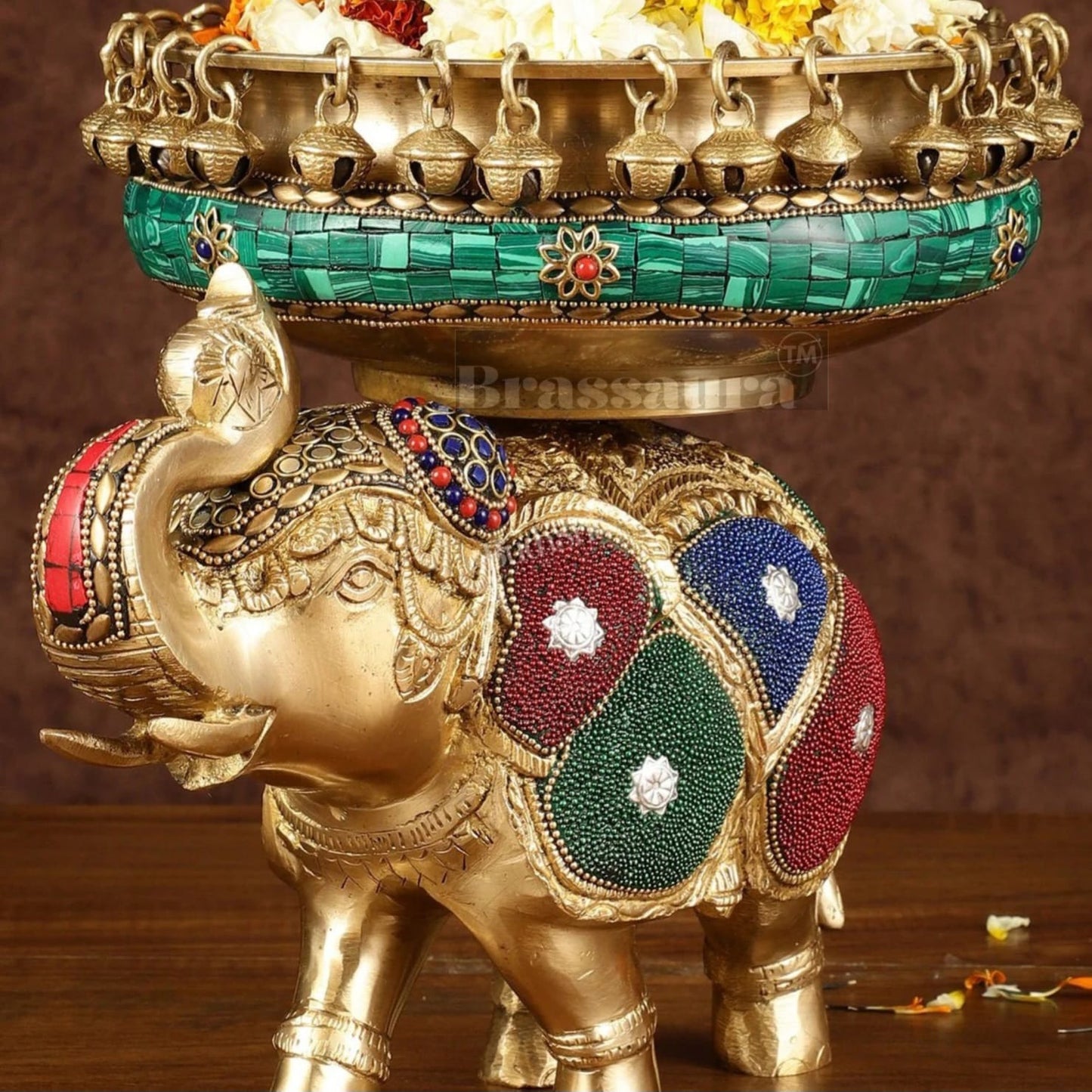 Brassaura™ Pure Brass Elephant Urli with Intricate Meenakari Work – 5.89 kgs, 9.5 Inches Height – Vibrant Traditional Decor