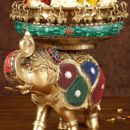 Brassaura™ Pure Brass Elephant Urli with Intricate Meenakari Work – 5.89 kgs, 9.5 Inches Height – Vibrant Traditional Decor
