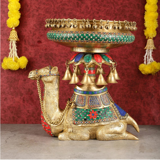 Brassaura™ Pure Brass Urli on Camel’s Back with Exquisite Meenakari Stonework – 14.8 kgs, 16 Inches Height – Traditional Decorative Urli