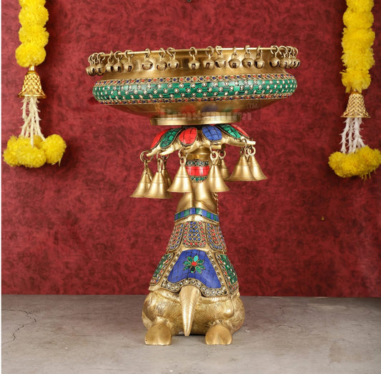 Brassaura® Pure Brass Urli on Camel’s Back with Exquisite Meenakari Stonework – 14.8 kgs, 16 Inches Height – Traditional Decorative Urli