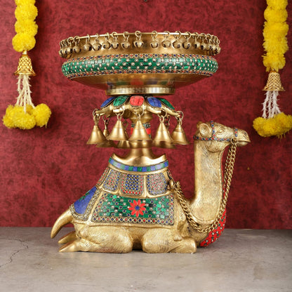 Brassaura™ Pure Brass Urli on Camel’s Back with Exquisite Meenakari Stonework – 14.8 kgs, 16 Inches Height – Traditional Decorative Urli
