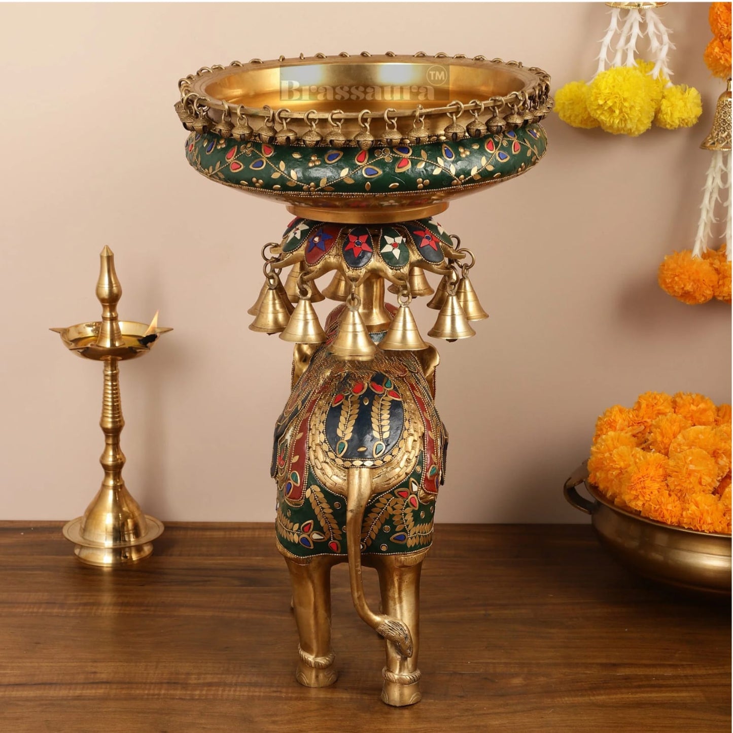 Brassaura™ Brass Elephant Urli with Intricate Stonework – 18.5 kgs, 20.5 Inches Height – Traditional Home Decor