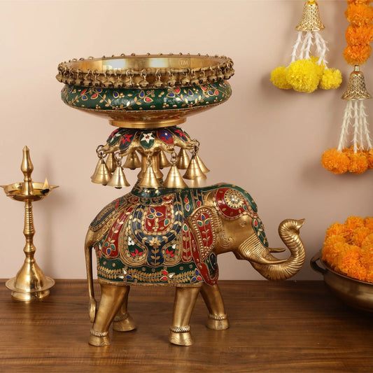 Brassaura® Brass Elephant Urli with Intricate Stonework – 18.5 kgs, 20.5 Inches Height – Traditional Home Decor