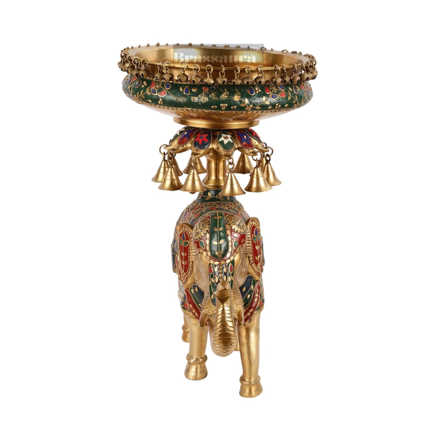 Brassaura™ Brass Elephant Urli with Intricate Stonework – 18.5 kgs, 20.5 Inches Height – Traditional Home Decor