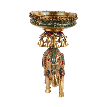Brassaura™ Brass Elephant Urli with Intricate Stonework – 18.5 kgs, 20.5 Inches Height – Traditional Home Decor