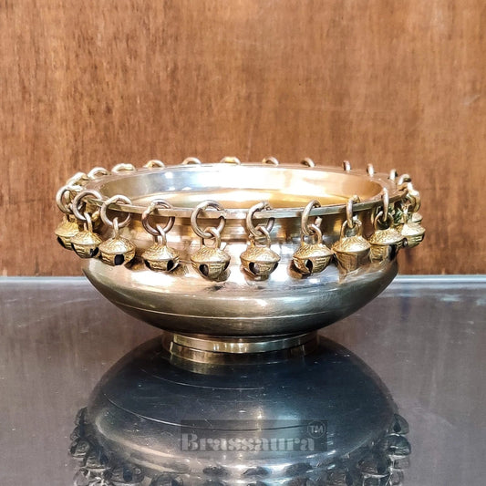 Brassaura™ Handcrafted Brass Round Urli Bowl with Ghungroos – 1.2 kgs, 3 Inches Height – Traditional Decorative Accent