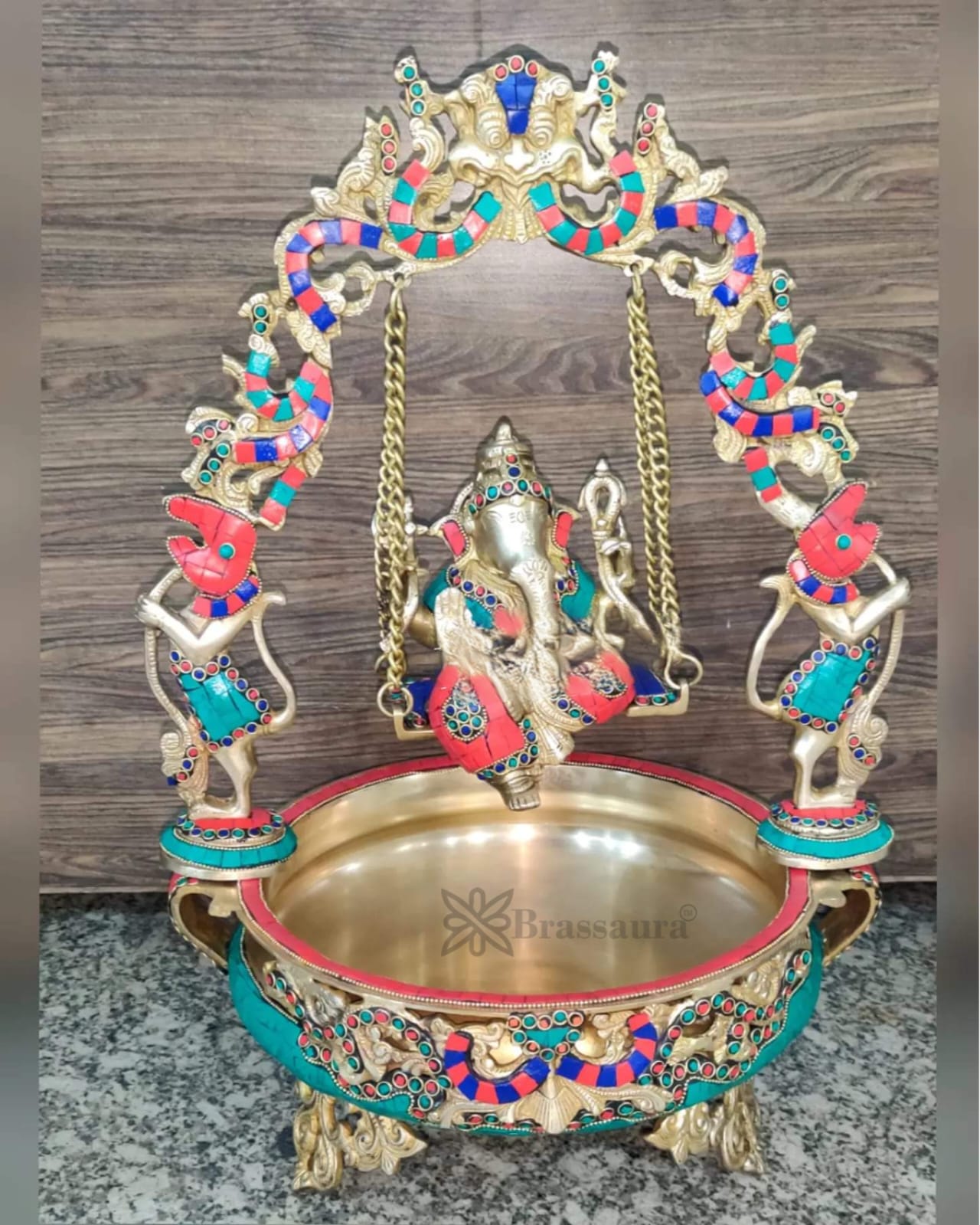 Brassaura™ Artistic Ganapati on Swing with Prabhavali & Large Brass Urli – 14 kgs, 21 Inches Height – Divine Home Decor