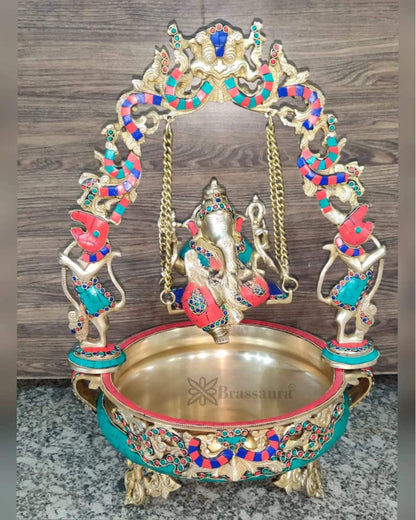 Brassaura™ Artistic Ganapati on Swing with Prabhavali & Large Brass Urli – 14 kgs, 21 Inches Height – Divine Home Decor