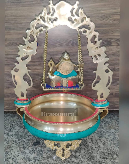 Brassaura™ Artistic Ganapati on Swing with Prabhavali & Large Brass Urli – 14 kgs, 21 Inches Height – Divine Home Decor
