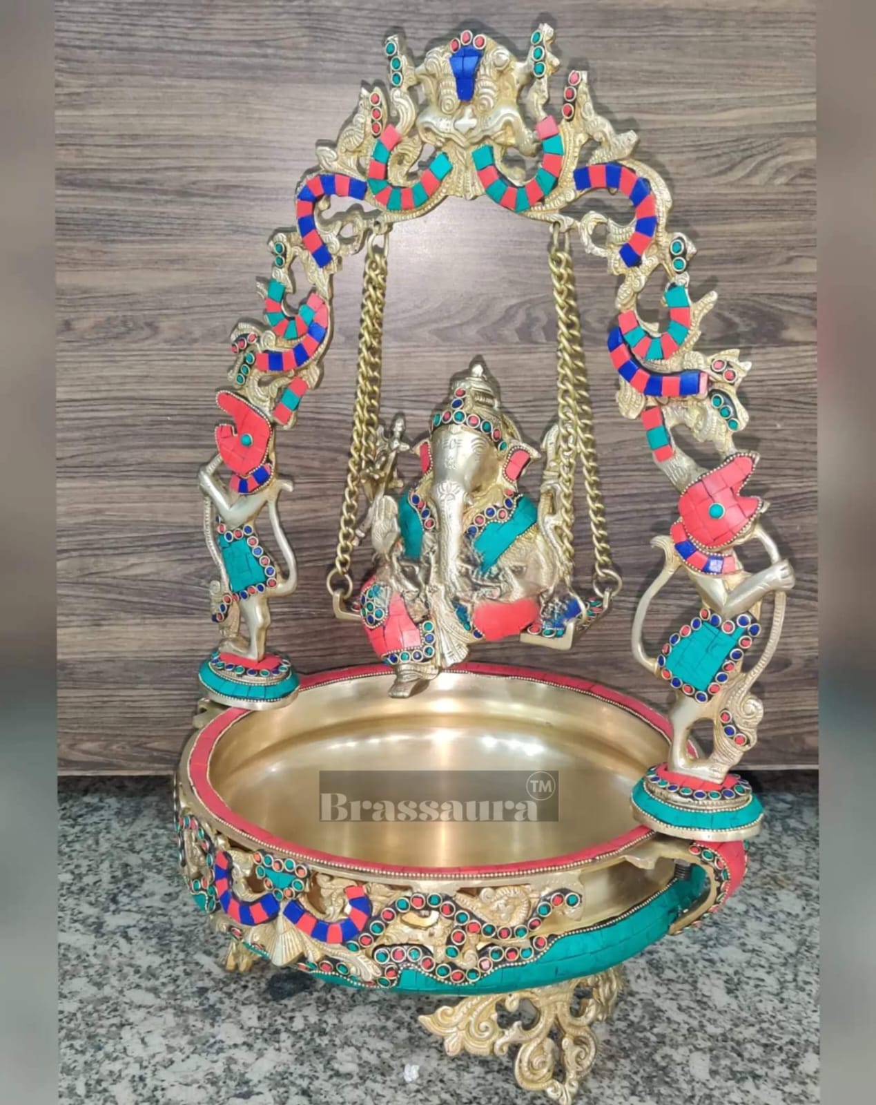 Brassaura™ Artistic Ganapati on Swing with Prabhavali & Large Brass Urli – 14 kgs, 21 Inches Height – Divine Home Decor