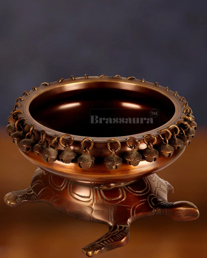 Brassaura™ Brass Urli Bowl on Tortoise Base – 2.3 kgs, 5 Inches Height – Vastu & Feng Shui Decor in Matte Chocolate Finish
