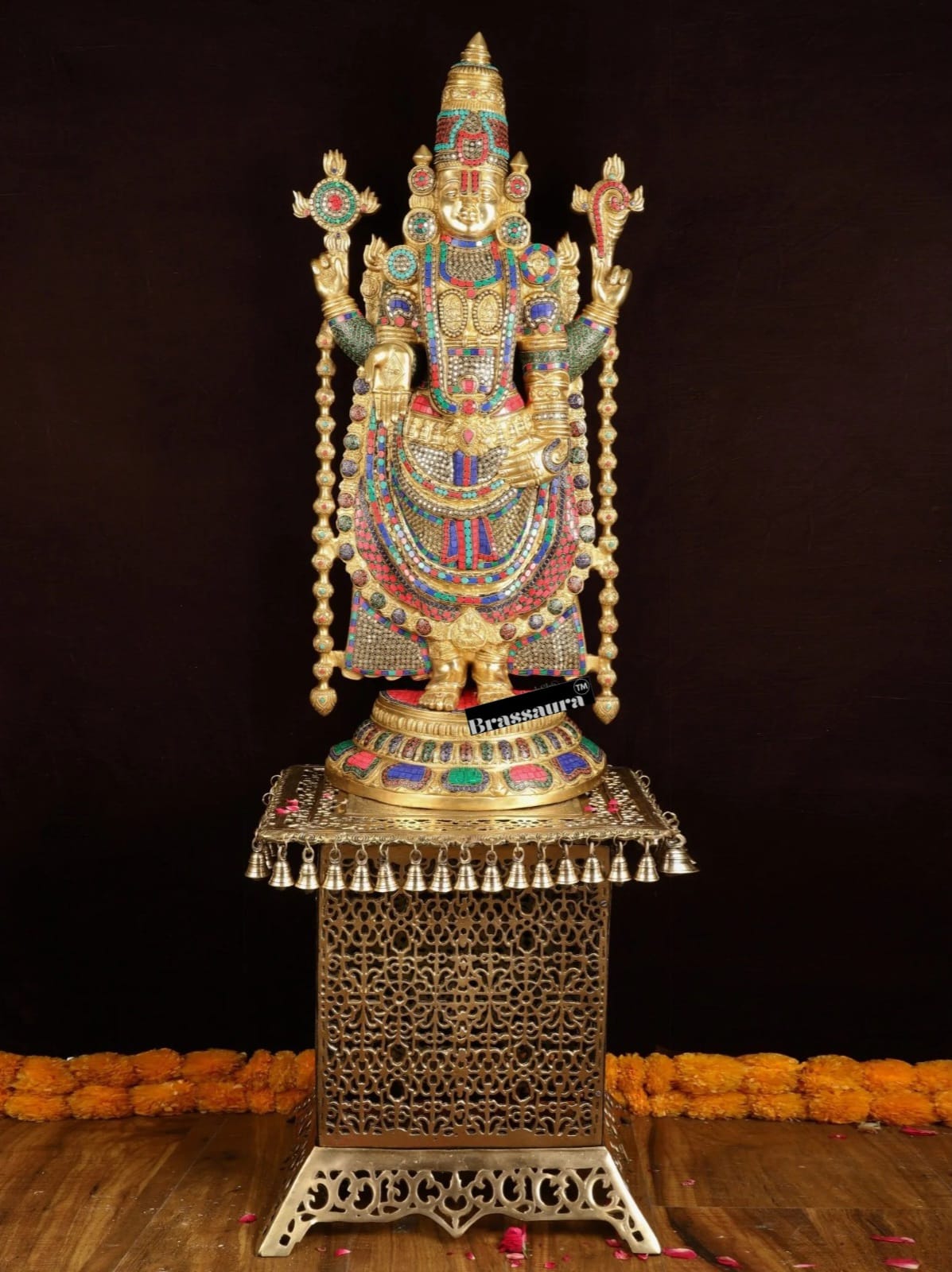 Brassaura™ Brass Lord Venkateshwara Idol with Pedestal & Bells – 38 Inches Idol, 37 Kgs & 21 Inches Pedestal stand - 33 Kgs