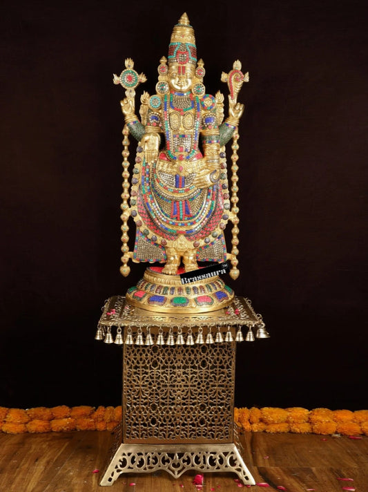Brassaura™ Brass Lord Venkateshwara Idol with Pedestal & Bells – 38 Inches Idol, 37 Kgs & 21 Inches Pedestal stand - 33 Kgs
