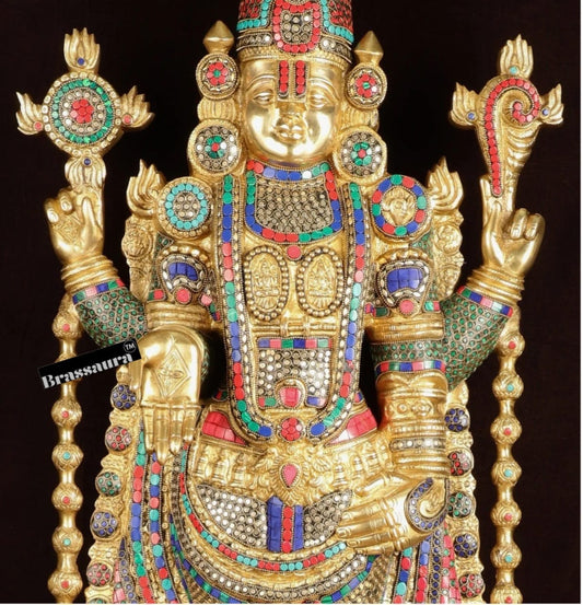 Brassaura® Brass Lord Venkateshwara Idol with Pedestal & Bells – 38 Inches Idol, 37 Kgs & 21 Inches Pedestal stand - 33 Kgs