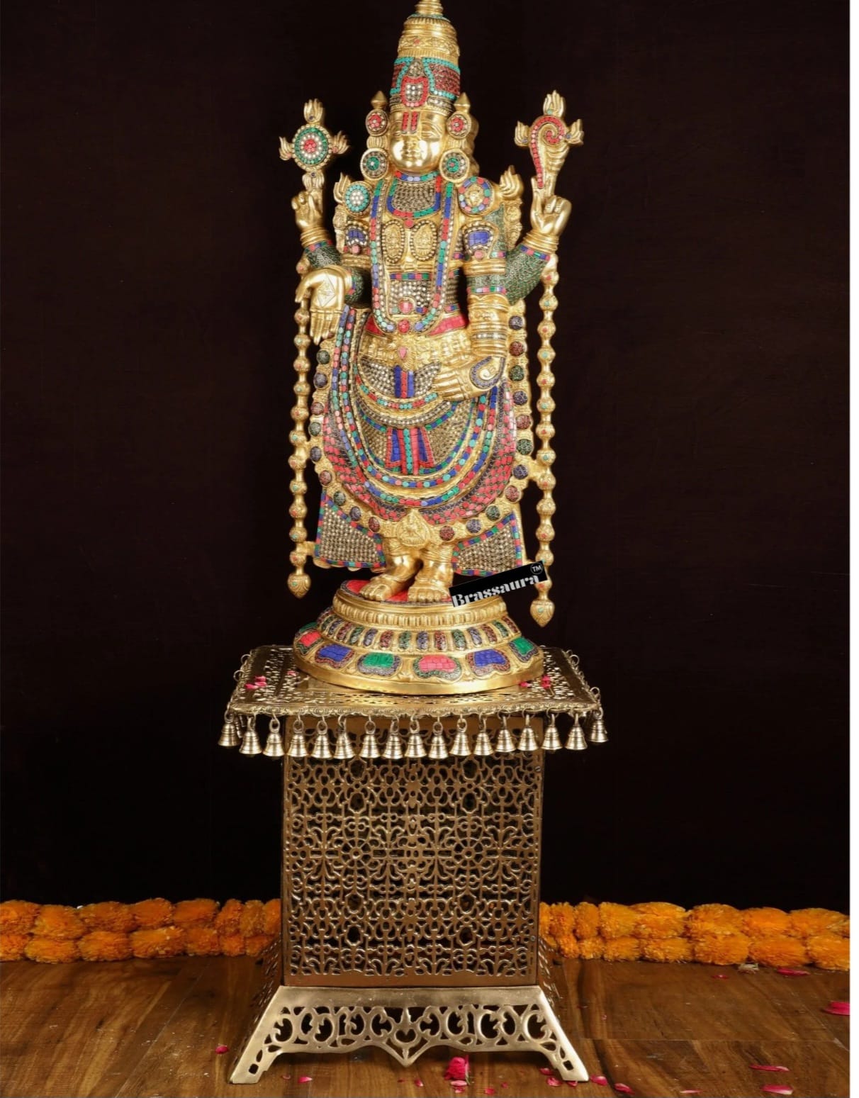 Brassaura™ Brass Lord Venkateshwara Idol with Pedestal & Bells – 38 Inches Idol, 37 Kgs & 21 Inches Pedestal stand - 33 Kgs