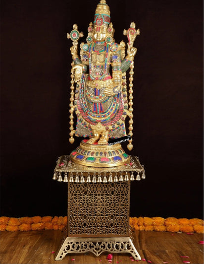 Brassaura™ Brass Lord Venkateshwara Idol with Pedestal & Bells – 38 Inches Idol, 37 Kgs & 21 Inches Pedestal stand - 33 Kgs
