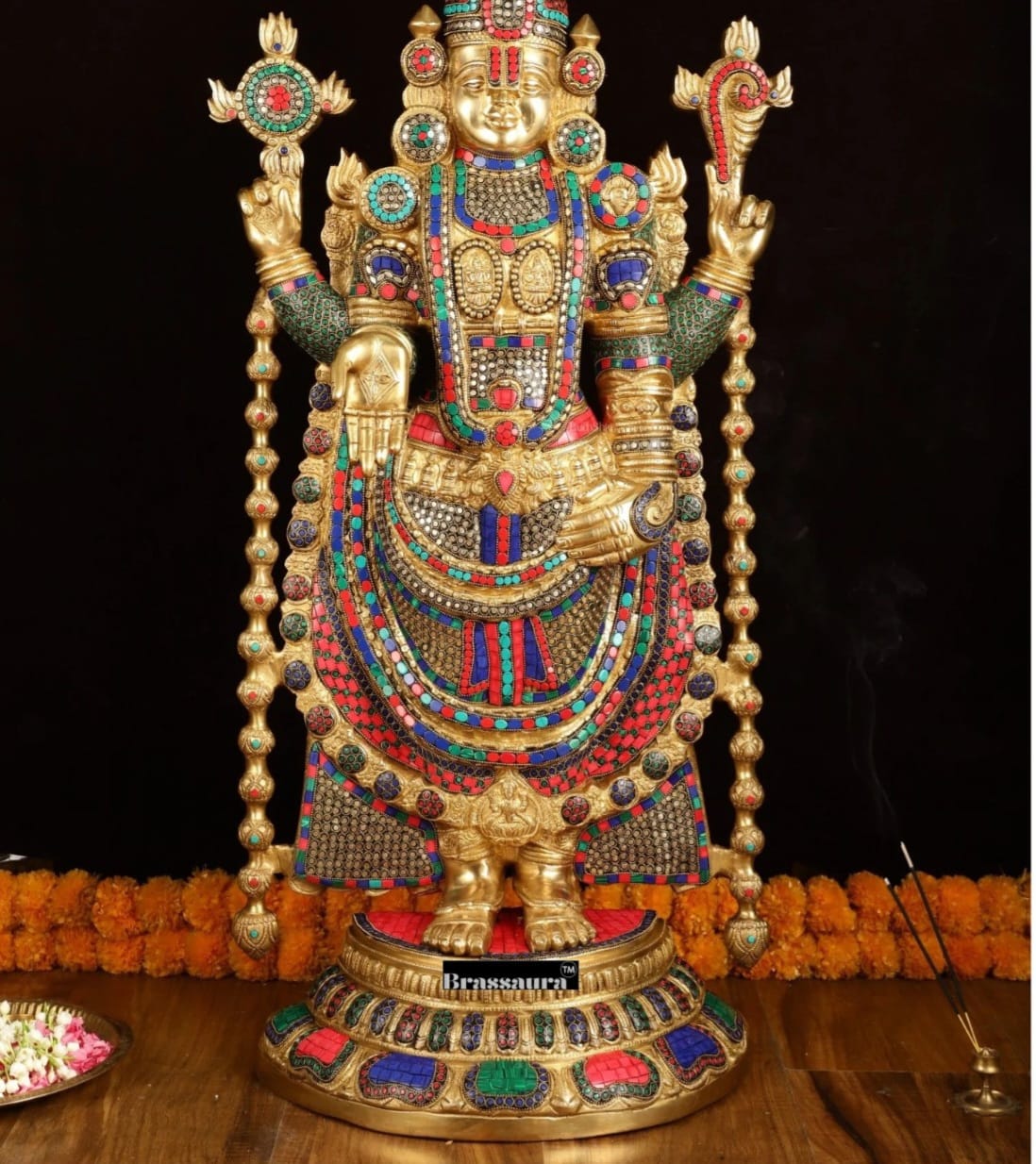 Brassaura™ Brass Lord Venkateshwara Idol with Stonework – 38 Inches, 37 Kgs