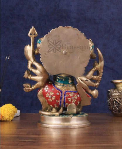 Brassaura™ Brass Panchmukhi Hanuman Idol – Height 11 Inches & Weight 6.6 Kgs | Handcrafted with Natural Stones