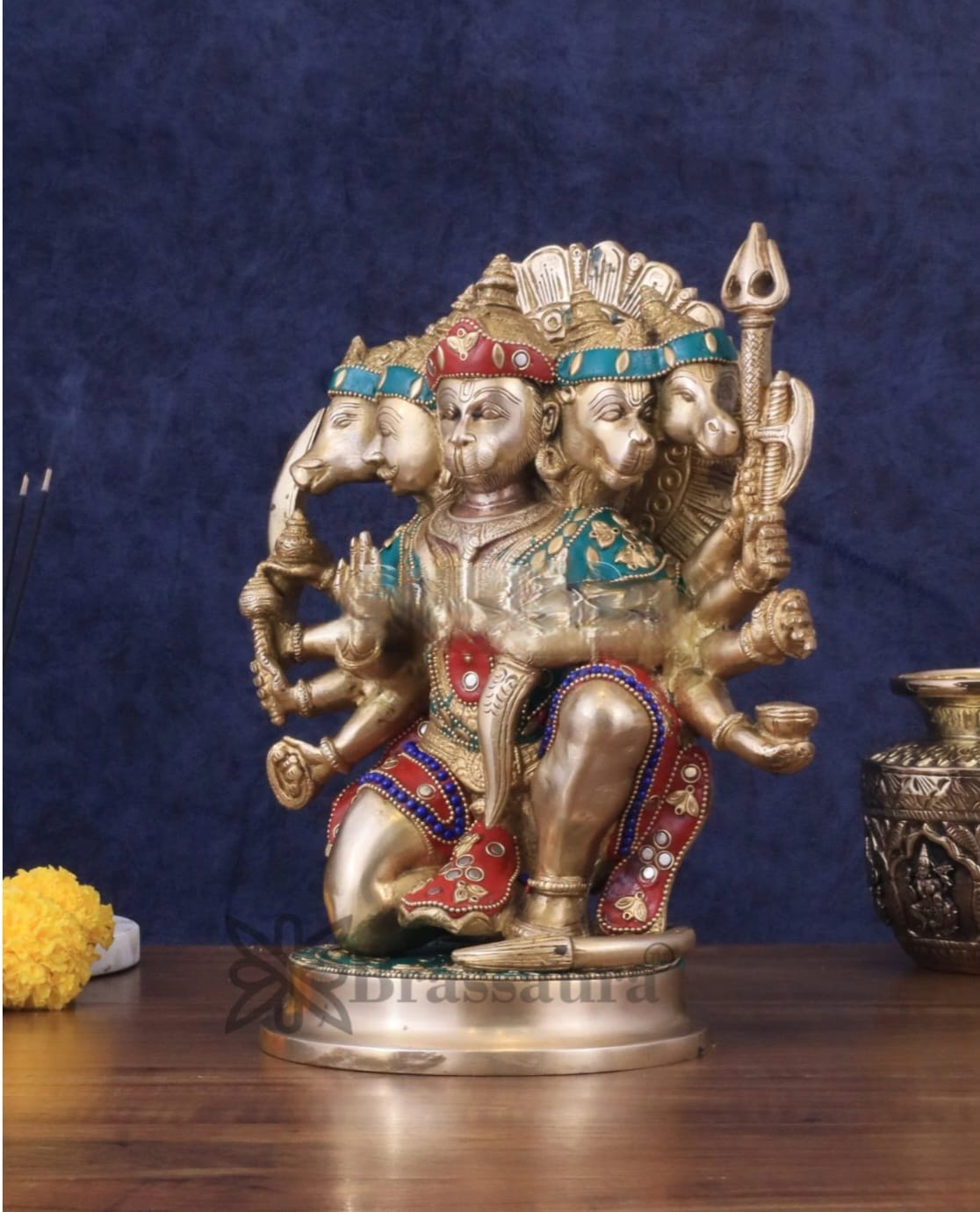 Brassaura™ Brass Panchmukhi Hanuman Idol – Height 11 Inches & Weight 6.6 Kgs | Handcrafted with Natural Stones