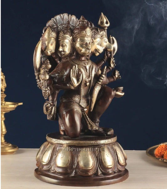 Brassaura® Brass Panchmukhi Hanuman Idol – Height 13.5 Inches | Dual Tone Chola Finish