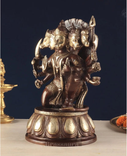 Brassaura™ Brass Panchmukhi Hanuman Idol – Height 13.5 Inches & Weight 9 Kgs | Dual Tone Chola Finish
