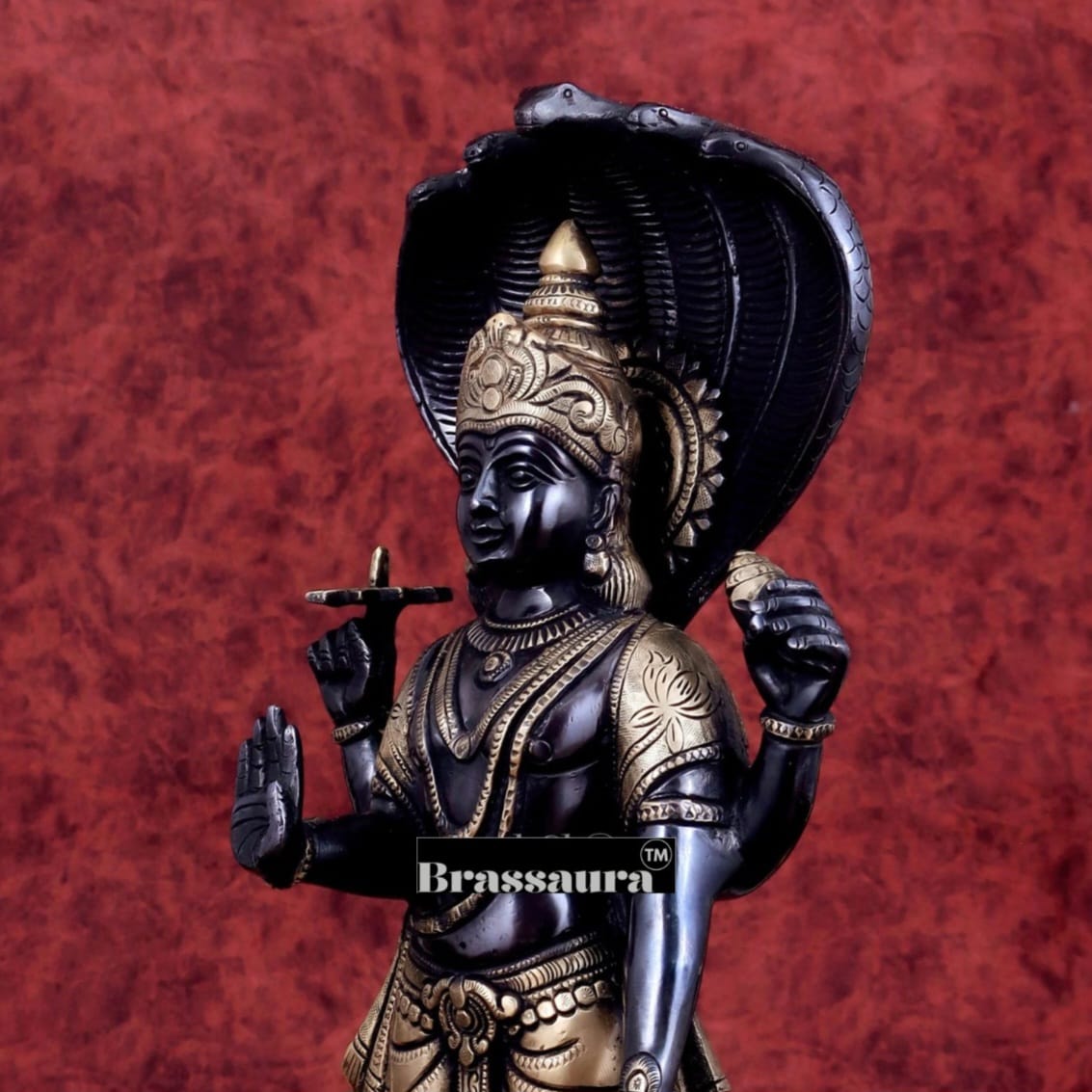 Brassaura™ Handcrafted Pure Brass Lord Vishnu on Lotus Base with Sheshnaag | 17 Inch Height | 7 KG Weight | Black Heat-Treated Finish