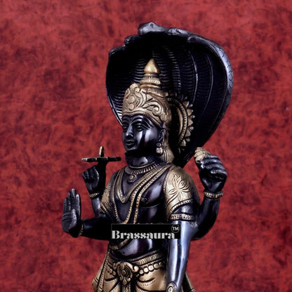 Brassaura™ Handcrafted Pure Brass Lord Vishnu on Lotus Base with Sheshnaag | 17 Inch Height | 7 KG Weight | Black Heat-Treated Finish