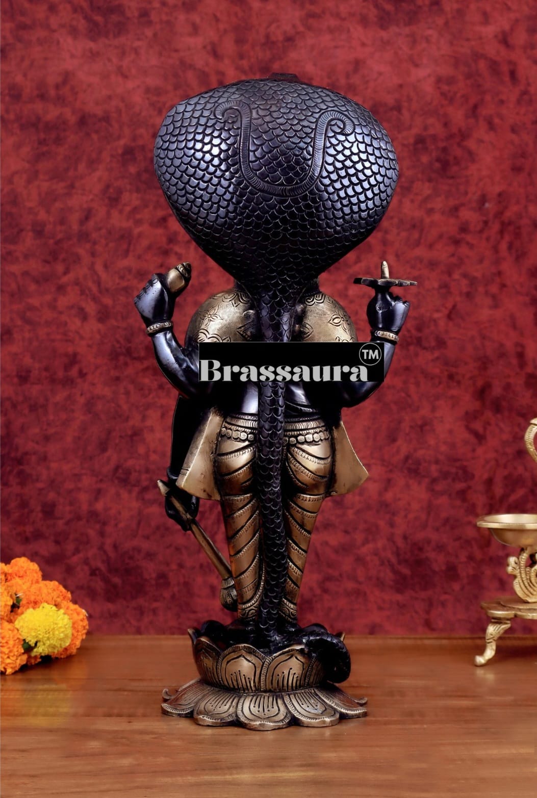 Brassaura™ Handcrafted Pure Brass Lord Vishnu on Lotus Base with Sheshnaag | 17 Inch Height | 7 KG Weight | Black Heat-Treated Finish