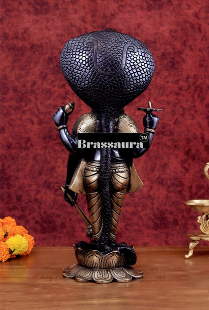 Brassaura™ Handcrafted Pure Brass Lord Vishnu on Lotus Base with Sheshnaag | 17 Inch Height | 7 KG Weight | Black Heat-Treated Finish