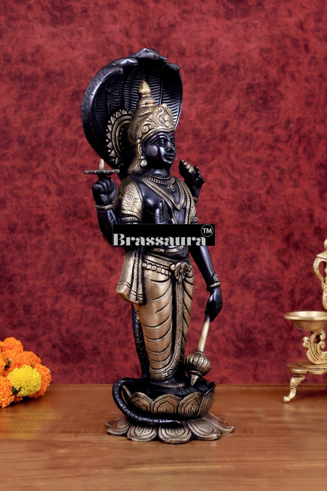 Brassaura™ Handcrafted Pure Brass Lord Vishnu on Lotus Base with Sheshnaag | 17 Inch Height | 7 KG Weight | Black Heat-Treated Finish