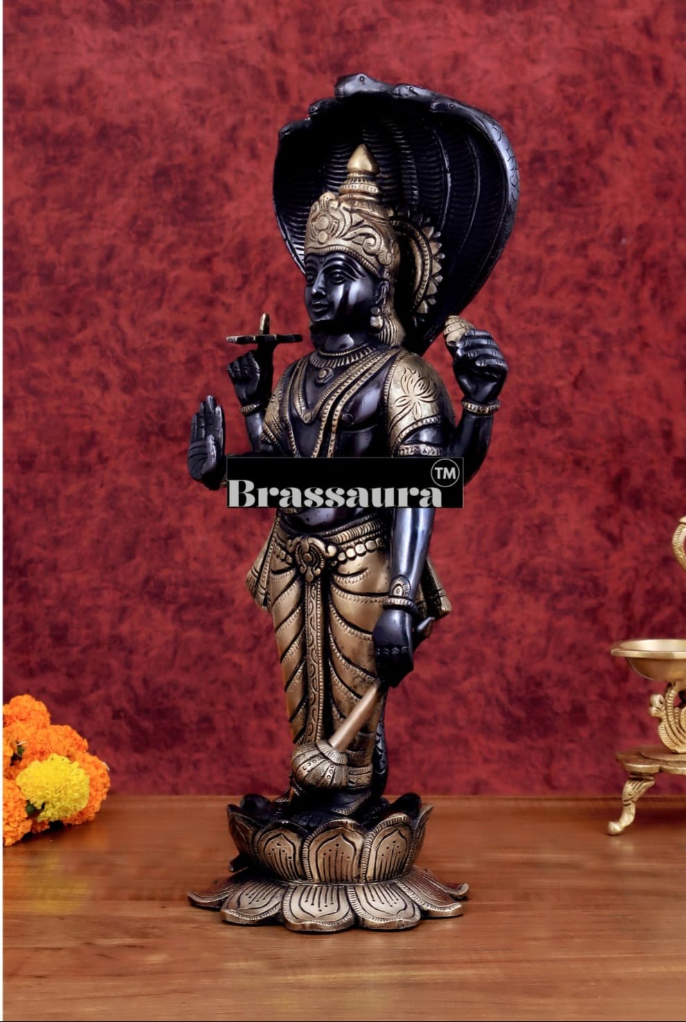 Brassaura™ Handcrafted Pure Brass Lord Vishnu on Lotus Base with Sheshnaag | 17 Inch Height | 7 KG Weight | Black Heat-Treated Finish