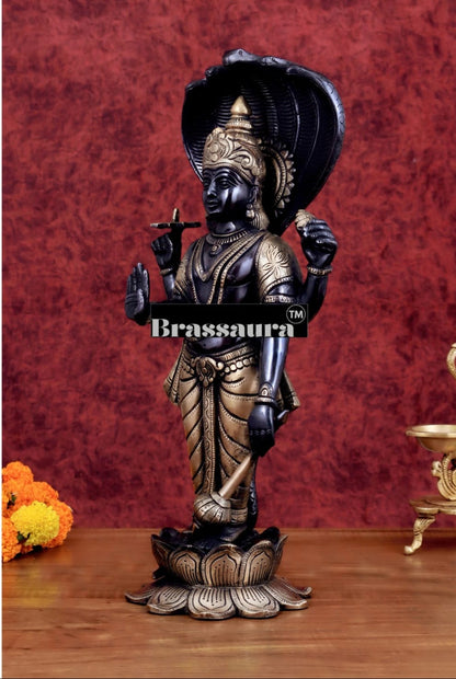 Brassaura™ Handcrafted Pure Brass Lord Vishnu on Lotus Base with Sheshnaag | 17 Inch Height | 7 KG Weight | Black Heat-Treated Finish