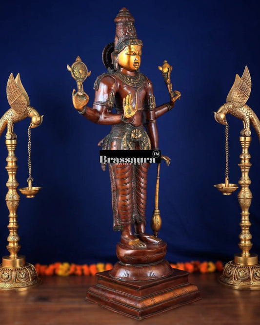 Brassaura® Handcrafted Pure Brass Lord Vishnu Statue on Lotus Base with Sheshnaag | 37 Inch Height | Black Heat-Treated Finish