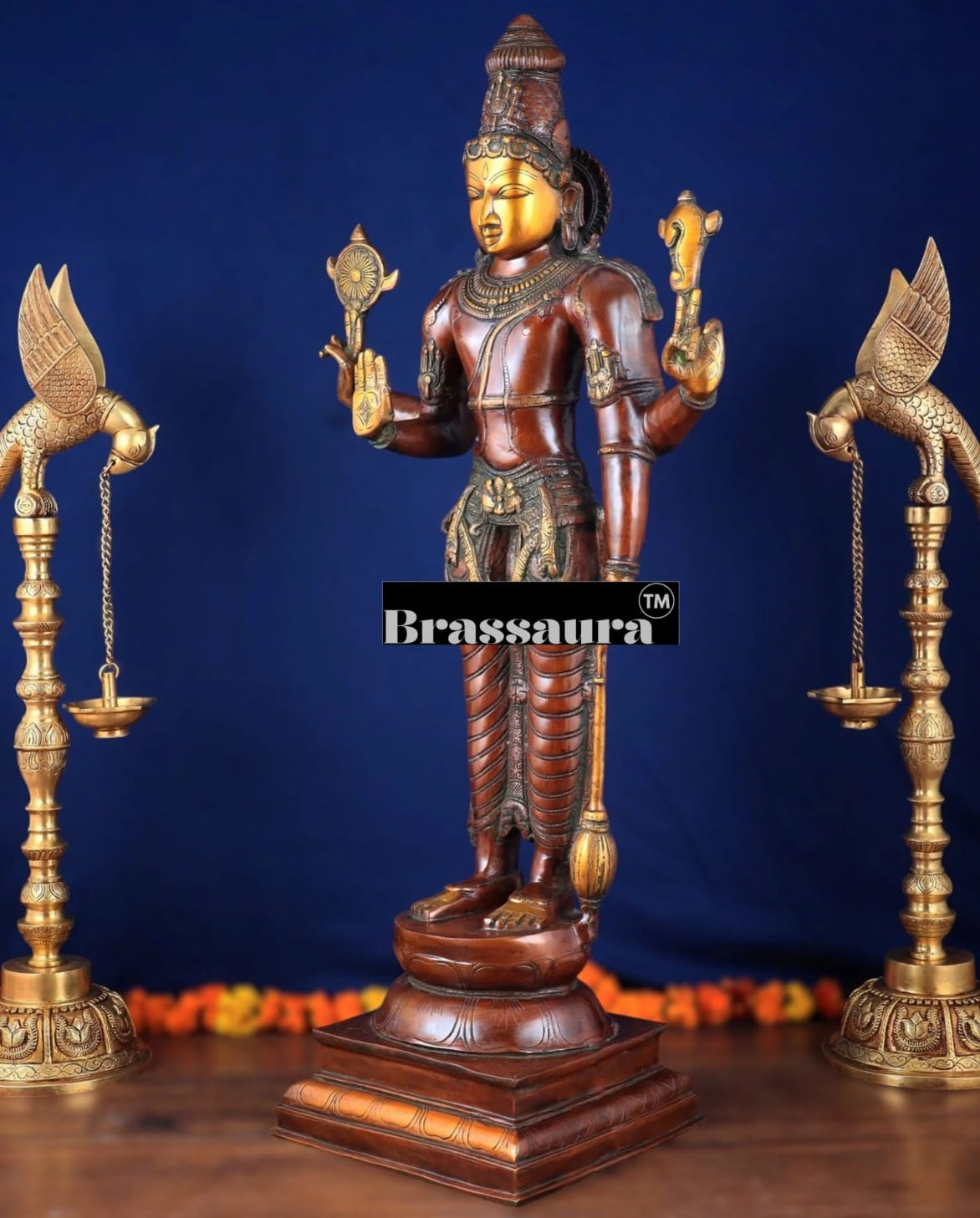Brassaura™ Handcrafted Pure Brass Lord Vishnu Statue on Lotus Base with Sheshnaag | 37 Inch Height | 27 KG Weight | Black Heat-Treated Finish